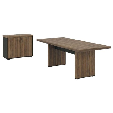 Mesa de Reuniao Escritorio 205x91 cm e Balcao 2 Portas 90 cm Nogal Preto Artany