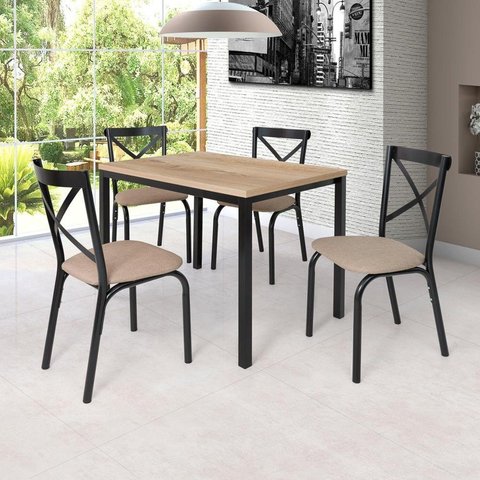 Conjunto Karina Flex 1,10m Tampo Laminado com 4 Cadeiras Preto/Fosco/Linho Bege/Carvalho