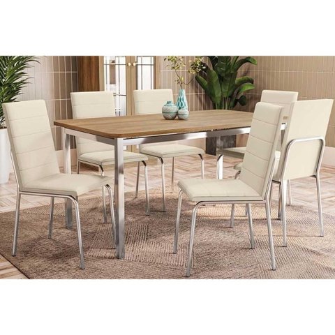 Conjunto: Mesa Sala Jantar Reno C/ Tampo de Madeira 160cm e 6 Cadeiras Amsterdã Cromada/nude 16 -