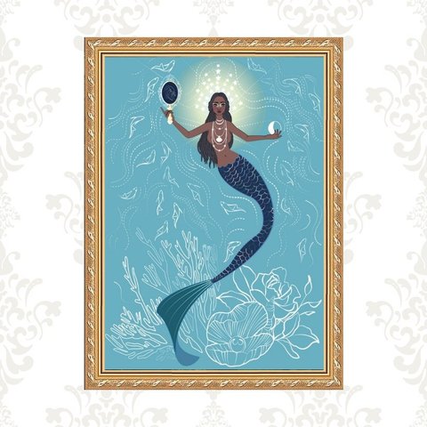 Quadro Moldura Dourada Iemanjá Sereia 24x18cm:com Vidro