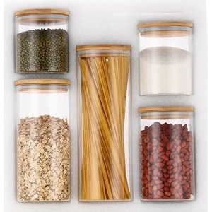 Conjunto 5 Potes em Vidro Redondo e Tampa Hermética Bambu