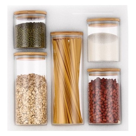 Conjunto 5 Potes em Vidro Redondo e Tampa Hermética Bambu