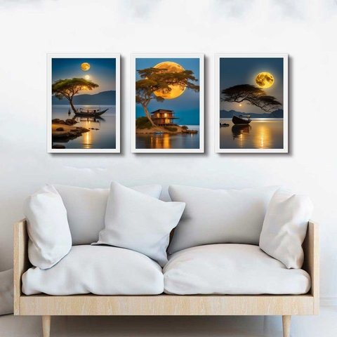 Kit 3 Quadros Artes Paisagens Rio Lua Cheia 33x24cm - com Vidro:moldura Branca