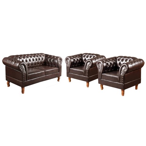 Conjunto Sofá Chesterfield Lugares 2 Poltronas Dom Pedro Marrom