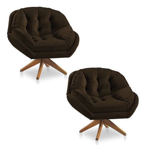 Kit 02 Poltronas Califórnia Giratória Veludo Base de Madeira - Pallazio Marrom