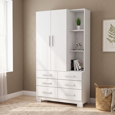 Cômoda para Quarto com 2 Portas, 6 Gavetas e Pés Itaúna Branco