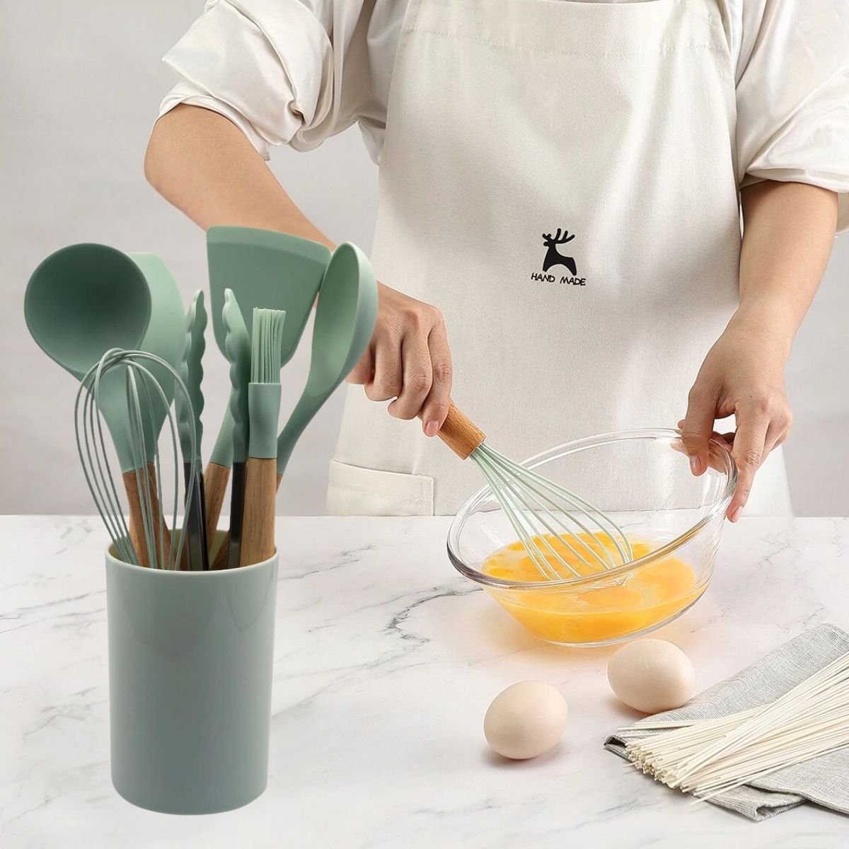 Conjunto de Utensílios de Cozinha de Silicone - 8 Peças Cor:verde Claro - 3