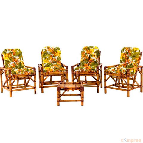 Kit Cadeiras de Bambu Soltas 4 Lugares e Mesinha Área Jardim
