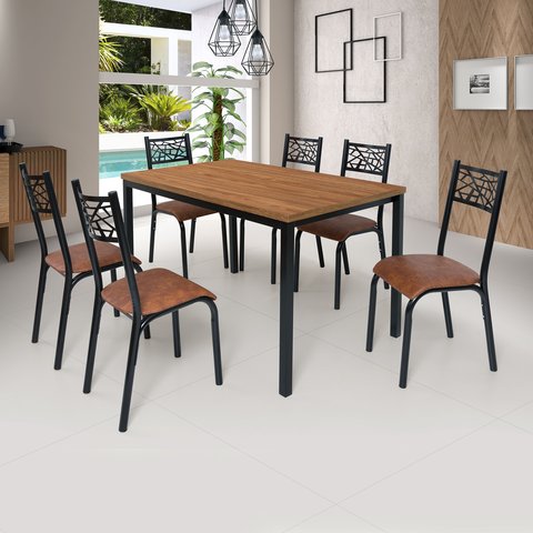 Conjunto Jade Flex 1,36m Tampo Laminado com 6 Cadeiras Marrom/Preto Fosco/Caramelo/Amendoa
