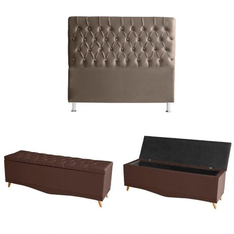 Kit Estrela Cabeceira de Cama Box e Calçadeira Baú Pés Palito Botão Cristal Casal 140 Cm Suede
