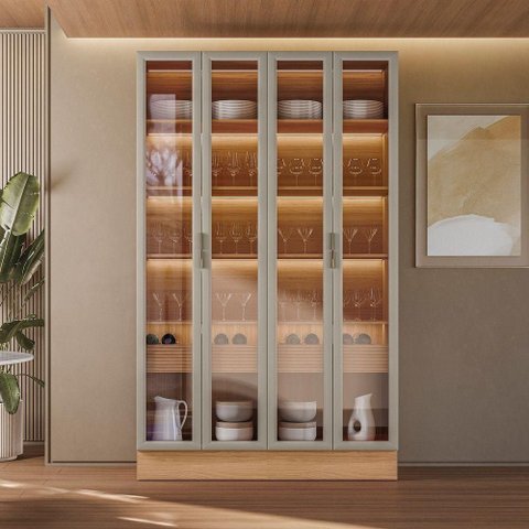 Cristaleira Allure Linea 4 Portas com Rodapé e Led 100% Mdf Jequitiba/gris Fosco