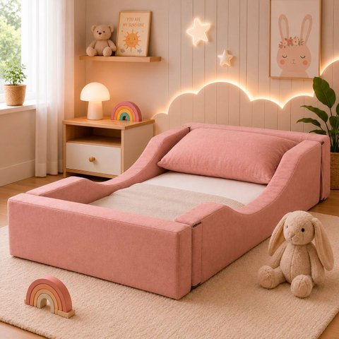 Cama Montessoriana Infantil em Espuma com Colchão Bouclé:Rose