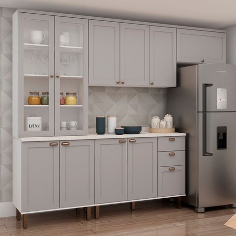Cozinha Modulada com Cristaleira com Tampo Impermeável 100% MDF Iluminata Cinza/Branco/Fendi