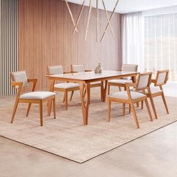 Conjunto de Sala 6 Cadeiras Gavea com Mesa Luz 1,80m - Madeira Maciça Encosto Revestido - Távoli - 1