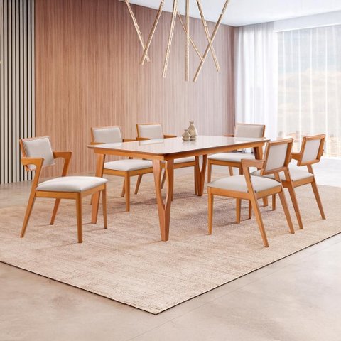 Conjunto de Sala 6 Cadeiras Gavea com Mesa Luz 1,80m - Madeira Maciça Encosto Revestido - Távoli