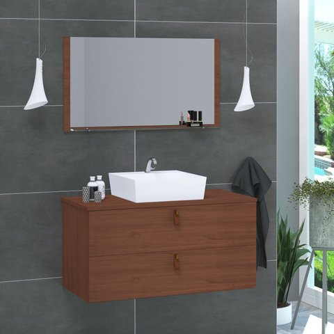Conjunto Gabinete de Banheiro Berlim 60 cm Marrom/Natura
