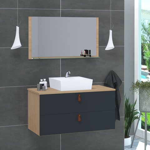 Conjunto Gabinete de Banheiro Berlim 60 cm Cinza/Freijo Titanium