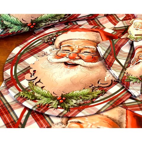 Kit Sousplat + Guardanapo Natal Noel Xadrez Nsw 8 Peças com Base