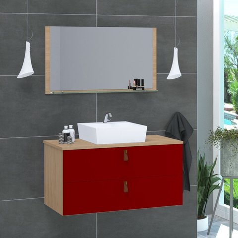 Conjunto Gabinete de Banheiro Berlim 80 cm Vermelho/Freijo Vinho