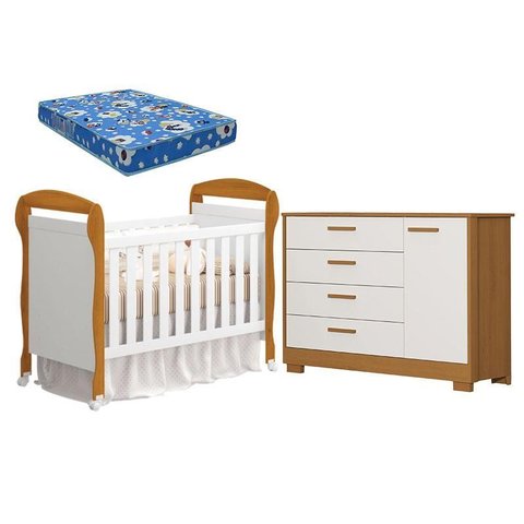 Berço Americano Danny e Cômoda Infantil Zaki Branco Acetinado Savana com Colchão Ortobom - Reller