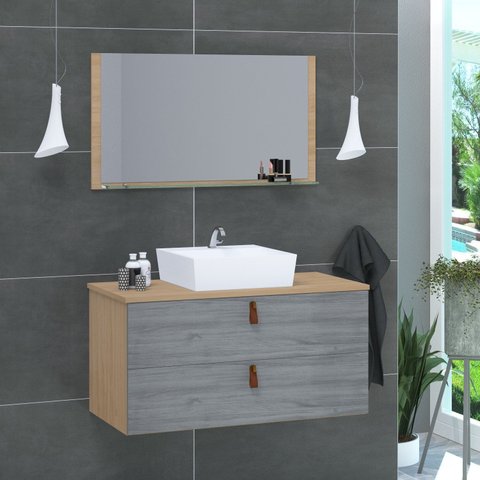 Conjunto Gabinete de Banheiro Berlim 80 cm Cinza/Freijo Rovere