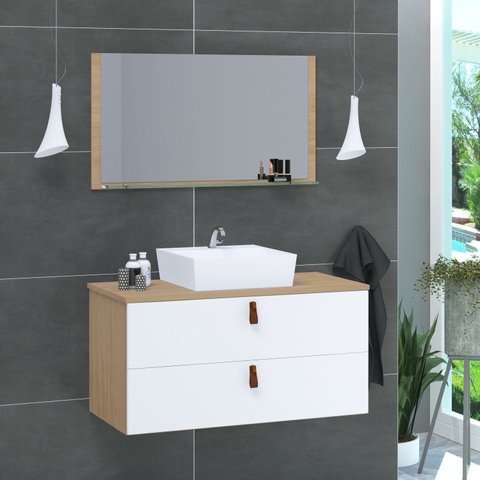 Conjunto Gabinete de Banheiro Berlim 80 cm Branco/Freijo