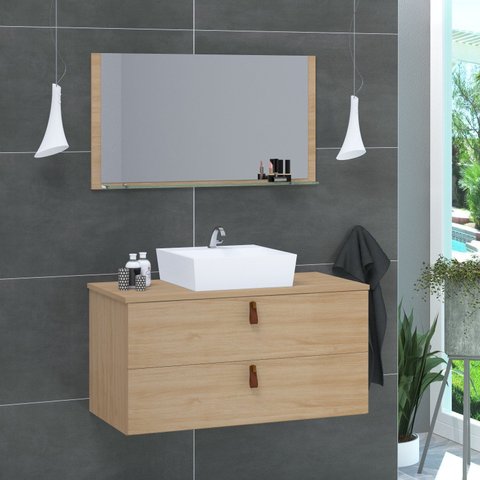 Conjunto Gabinete de Banheiro Berlim 80 cm Bege/Freijó