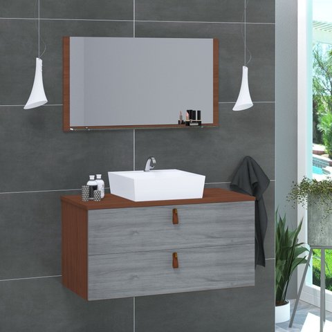 Conjunto Gabinete de Banheiro Berlim 80 cm Cinza/Natura Rovere