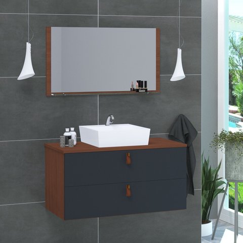Conjunto Gabinete de Banheiro Berlim 80 cm Cinza/Natura Titanium