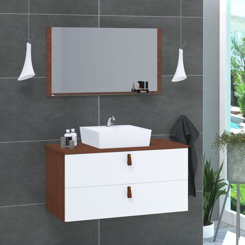 Conjunto Gabinete de Banheiro Berlim 80 cm Branco/Natura