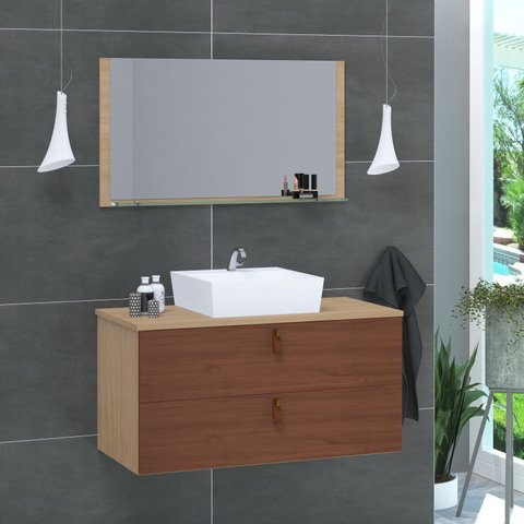 Conjunto Gabinete de Banheiro Berlim 80 cm Marrom/Natura