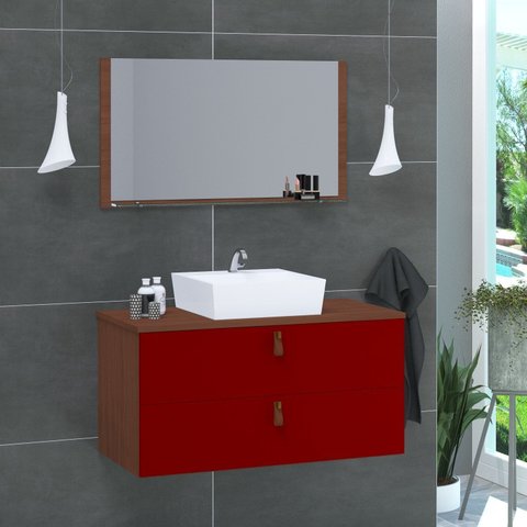 Conjunto Gabinete de Banheiro Berlim 60 cm Vermelho/Natura Vinho