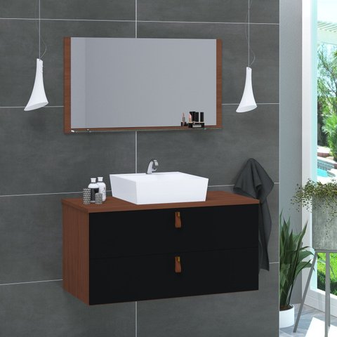 Conjunto Gabinete de Banheiro Berlim 60 cm Preto/Natura
