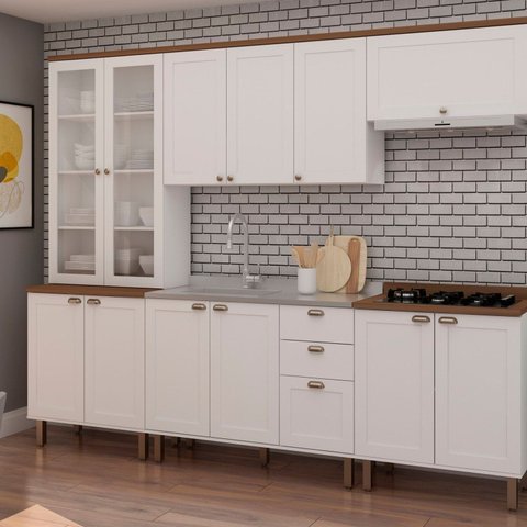 Cozinha Modulada com Cristaleira e Balcão para Cooktop 100% MDF Iluminata Branco/Betalhes Ébano