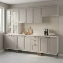 Ver imagem 1 de Cozinha Modulada Completa 5 Peças com Cristaleira e Balcões com Tampo 100% MDF Iluminata Branco/Fendi Cinza