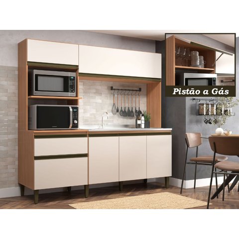 Cozinha Compacta Modulada Vitória 6 Portas 1 Gaveta 2 Nichos para Forno Bege/Freijó/Off White