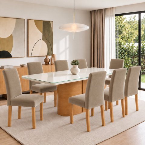 Conjunto Sala de Jantar 8 Lugares Retangular Tampo Vidro/MDF 200x90cm Mesa Diana e Cadeiras Espanha