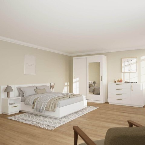 Kit Guarda Roupas 2 Portas, Cama Queen e Complementos de Quarto Araçá CabeCasa MadeiraOriginals Branco