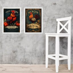 Kit 2 Quadros Cozinha Galo Galinha Vintage 45x34cm - com Vidro:moldura Branca - 1