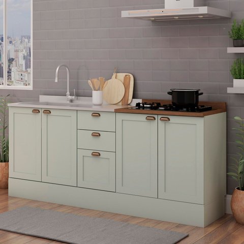 Cozinha Compacta Modulada 2 Peças com Tampo para Cooktop 100% MDF com Rodapé Verde/Mint/Ébano