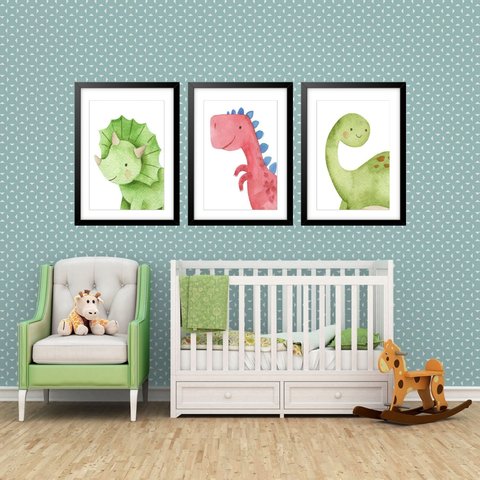 Kit 3 Quadros Grandes Quarto Infantil Baby Dino 60x48cm:moldura Branca