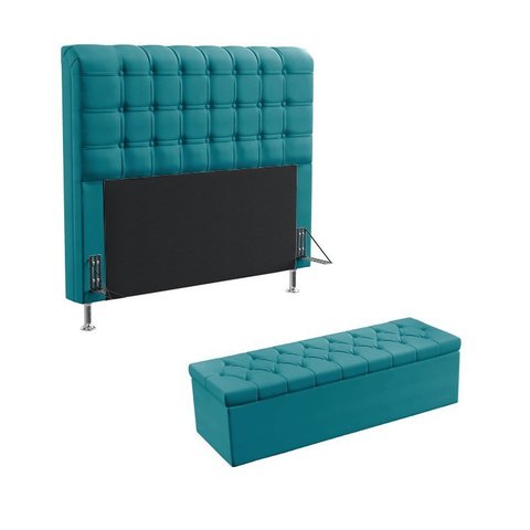 Kit Cabeceira Decorativa Box Rana 195 Para Cama King e Calçadeira Sagitarius Sued Azul Turquesa Arad