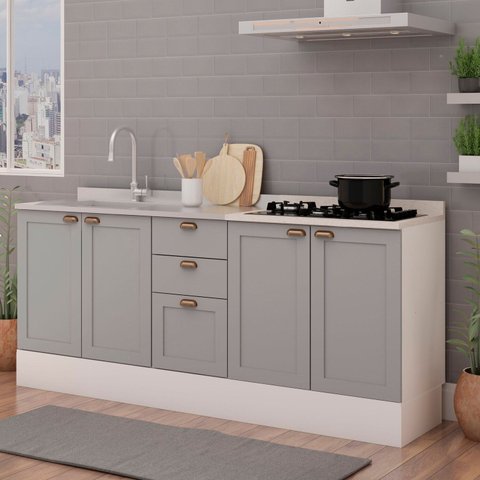 Cozinha Compacta Modulada 2 Peças com Tampo Impermeável para Cooktop 100% MDF com Rodapé Cinza/Branco/Fendi