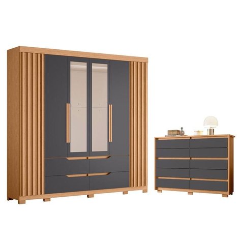 Guarda Roupa Casal Doble com Espelho 06 Portas e Cômoda Duetto Freijo Titanium- Móveis Albatroz