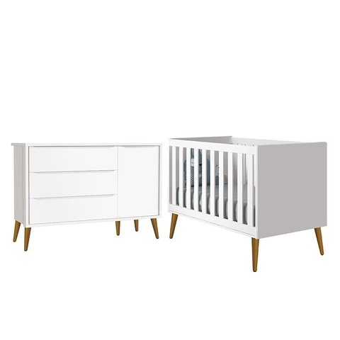 Jogo de Quarto Infantil Theo Retrô Cômoda 1 Porta e Berço Branco com Pés Amadeirado - Reller Móveis