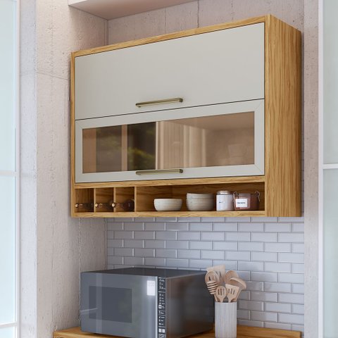 Armário Aéreo de Cozinha 120cm 2 Portas Basculantes Vidro Reflecta 100% MDF Vicenza Espresso Móveis