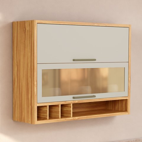 Armário Aéreo de Cozinha 120cm 2 Portas Basculantes Vidro Reflecta 100% MDF Vicenza Espresso Móveis Bege/Amêndoa/Off White
