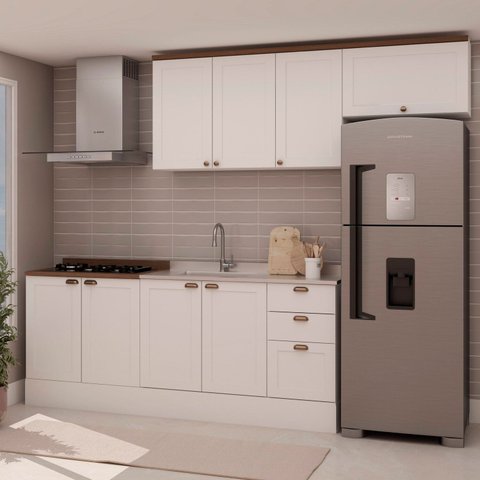 Cozinha 4 Peças com Aéreo para Geladeira e Balcão com Tampo para Cooktop 100% MDF Branco/Fosco/Ébano