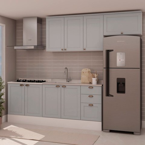 Cozinha 4 Peças com Aéreo para Geladeira e Balcão com Tampo Impermeável para Cooktop 100% MDF Cinza/Branco/Fendi