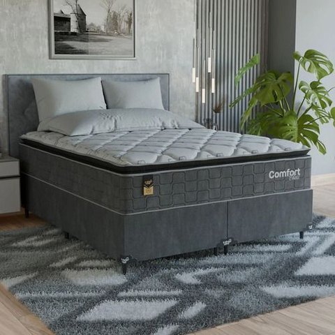 Cama Box Queen + Colchão Comfort Class Pillow Top 158x198cm Cinza/suede Cinza